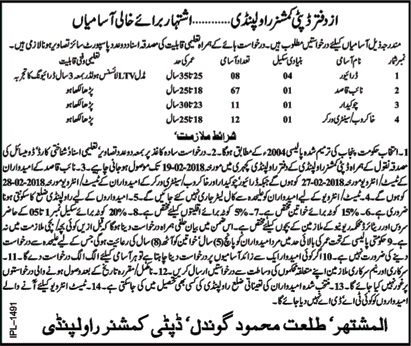 Deputy Commissioner Office Rawalpindi Jobs 2018 February Naib Qasid, Sanitary Workers & Others Latest