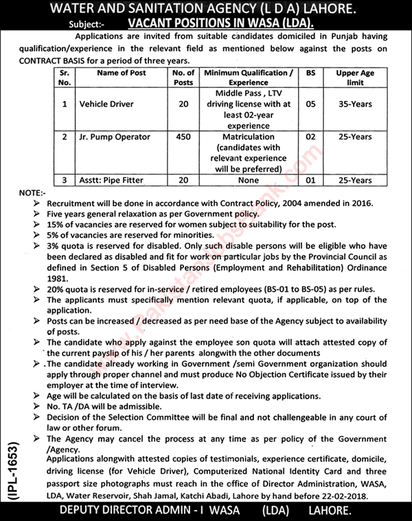 WASA Lahore Jobs 2018 February LDA Pump Operators, Drivers & Pipe Fitters Water and Sanitation Agency Latest