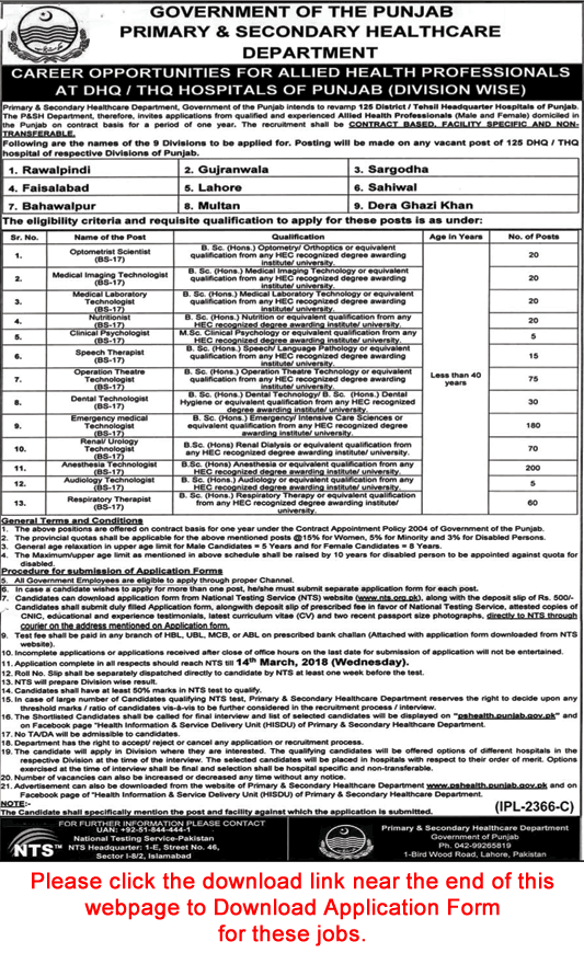 Primary & Secondary Healthcare Department Punjab Jobs 2018 Anesthesia Technologists & Others NTS Application Form Latest