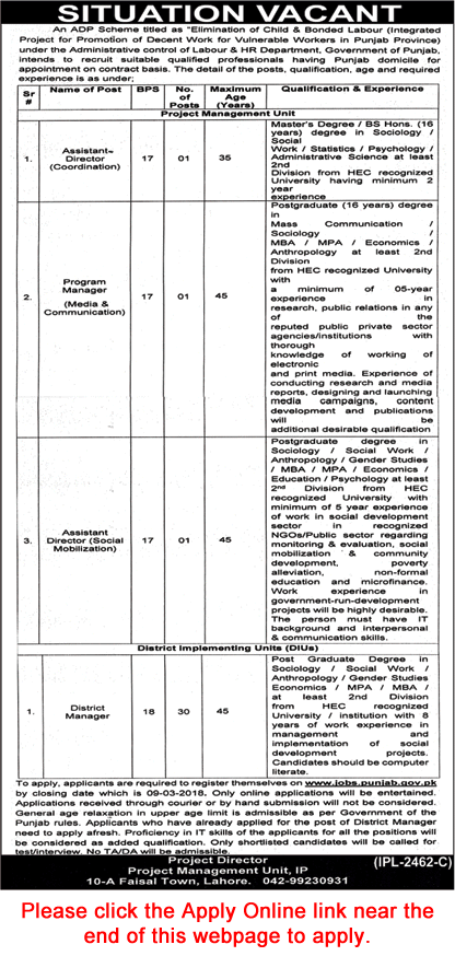 Labour and Human Resource Department Punjab Jobs February 2018 Apply Online District Managers & Others Latest