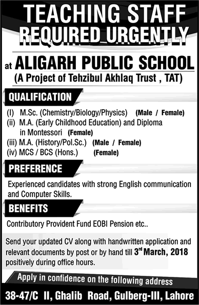 Teaching Jobs in Lahore February 2018 at Aligarh Public School Latest