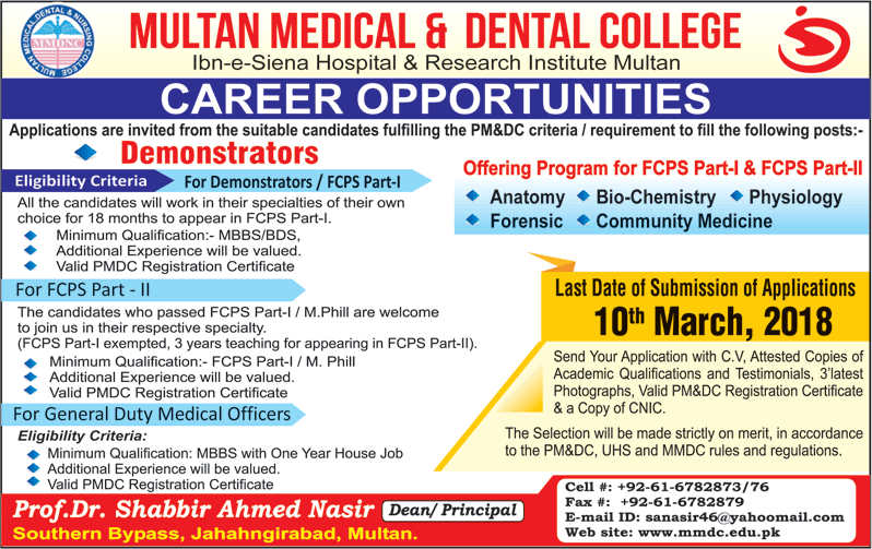 Multan Medical and Dental College Jobs 2018 February Demonstrators, FCPS-II & Medical Officers Latest