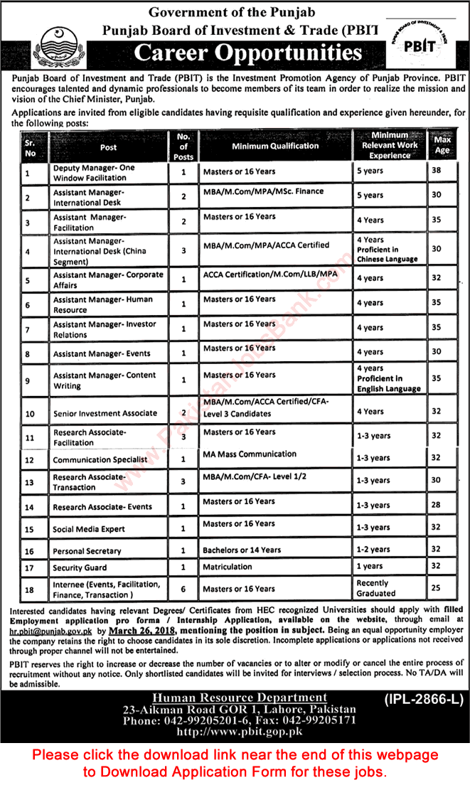 Punjab Board of Investment and Trade Jobs 2018 March PBIT Application Form Assistant Managers, Internees & Others Latest