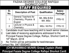 Fazaia Degree College Rafiqui Shorkot Cantt Jobs 2018 March for Teachers Latest