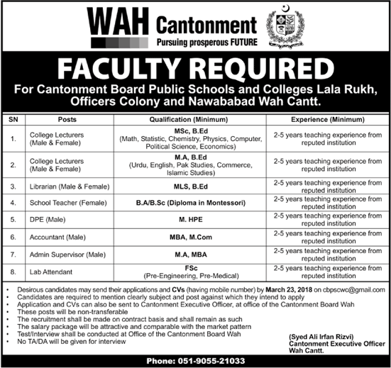 Cantonment Board Public Schools and Colleges Wah Cantt Jobs 2018 March Lecturers & Others Latest