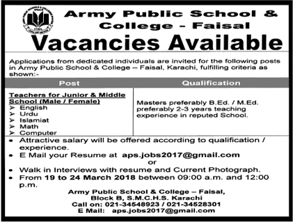 Army Public School and College Faisal Karachi Jobs March 2018 for Teachers Walk in Interviews Latest