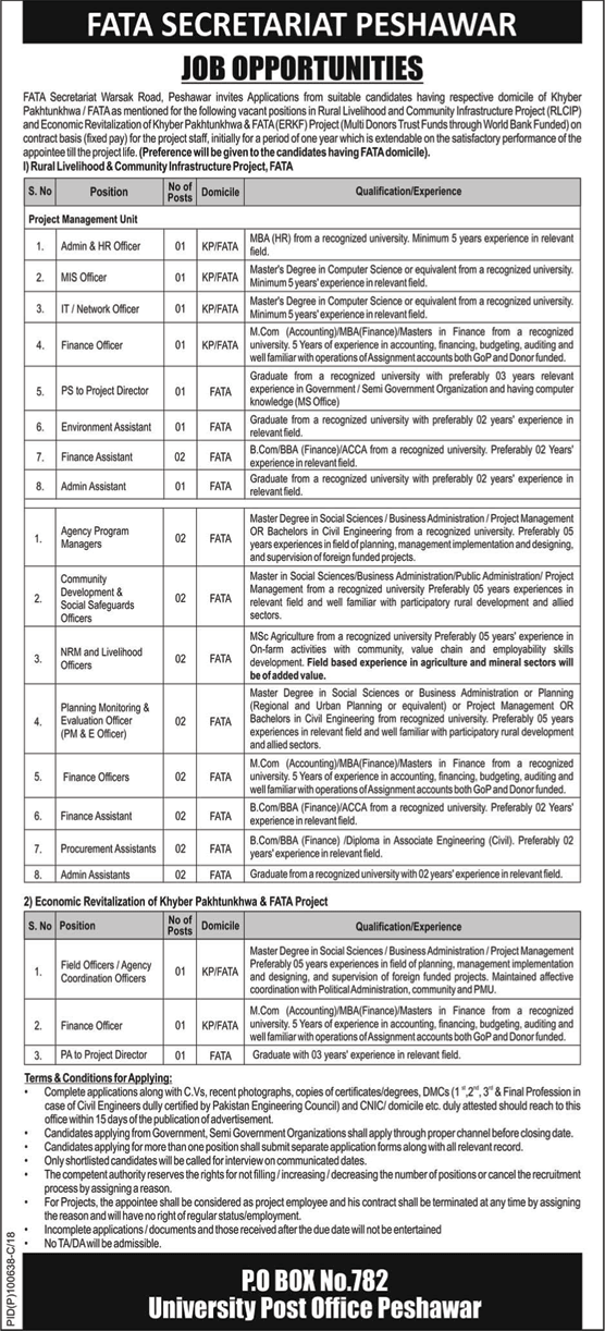 FATA Secretariat Peshawar Jobs 2018 March Finance / Admin Assistants, Program Managers & Others Latest