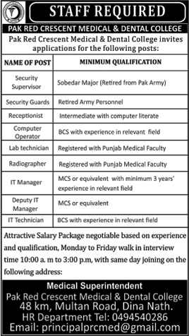 Pakistan Red Crescent Medical and Dental College Dina Nath Jobs March 2018 April Walk In Interview Latest