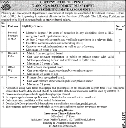 Planning and Development Department Punjab Jobs 2018 April Dispatch Rider, Office Boy & Others Latest