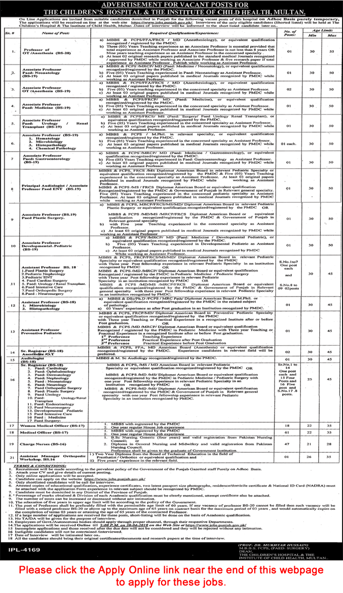 Children's Hospital Multan Jobs April 2018 Apply Online CHICH Institute of Child Health Latest