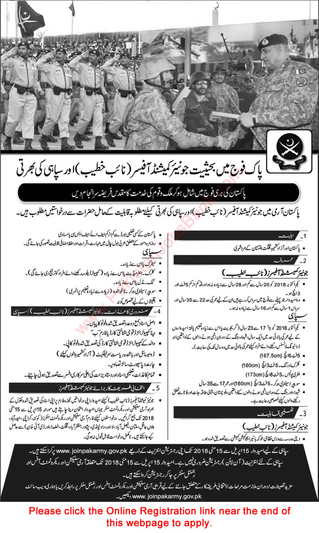 Join Pakistan Army as Soldier & Naib Khateeb April 2018 Junior Commissioned Officer Online Registration Latest