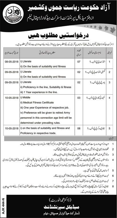 DHQ Hospital Neelum Jobs 2018 April AJK Attendants, Sanitary Workers, Security Guards & Bawarchi Latest