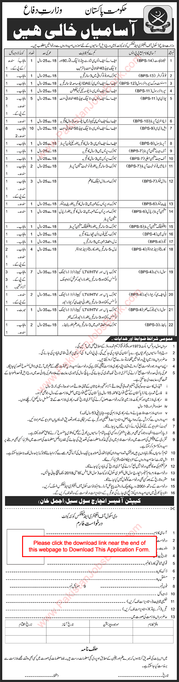 School of Infantry and Tactics Quetta Jobs 2018 April Application Form Ministry of Defence Latest