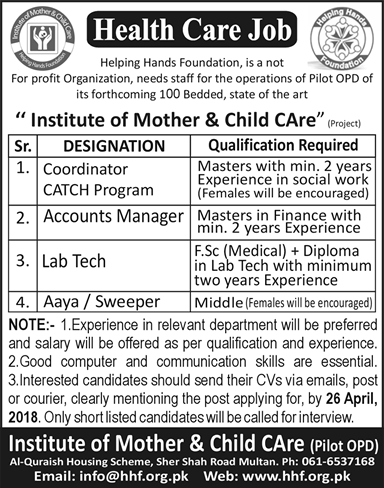Helping Hands Foundation Multan Jobs 2018 April Institute of Mother and Child Care Latest