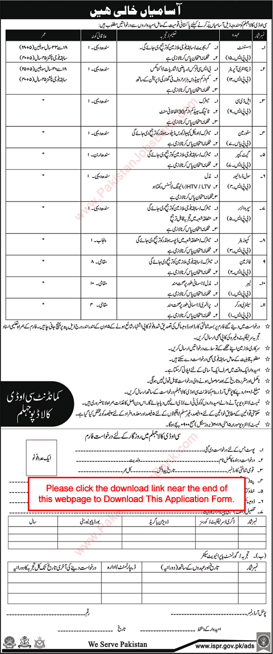 COD Kala Jhelum Jobs 2018 April Application Form Central Ordnance Depot Latest