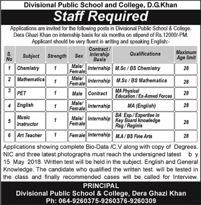 Divisional Public School and College Dera Ghazi Khan Jobs 2018 May Teachers & PET Latest