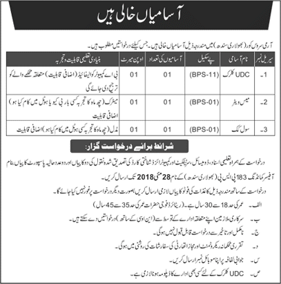 Army Service Corps Bholari Jobs 2018 May Clerk, Waiter & Cook Pakistan Army Latest