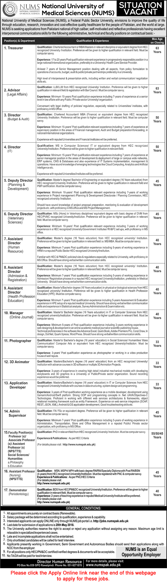 NUMS University Rawalpindi Jobs May 2018 Apply Online Teaching Faculty & Others Latest