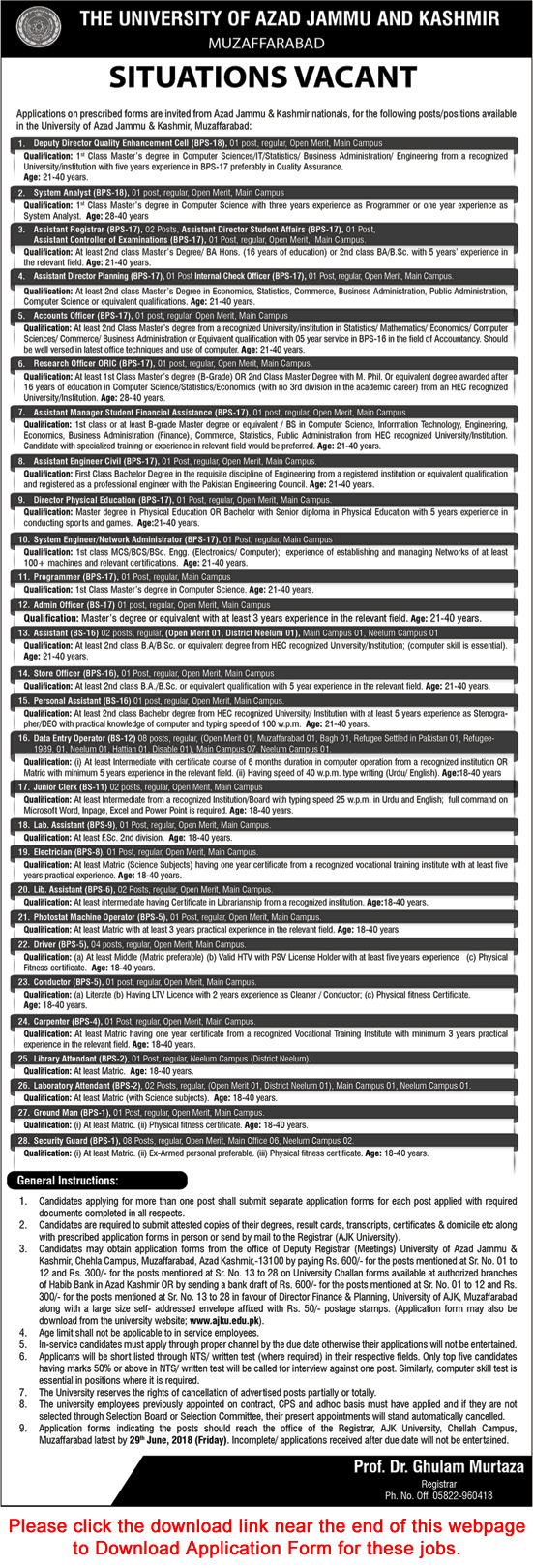 University of AJK Muzaffarabad Jobs May 2018 Application Form Data Entry Operators, Clerks, Security Guards & Others Latest