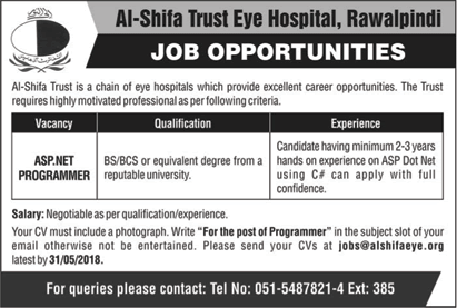 Computer Programmer Jobs in Rawalpindi May 2018 at Al-Shifa Trust Eye Hospital Latest