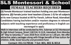 Female Teacher Jobs in Islamabad May 2018 at SLS Montessori & School Walk in Interviews Latest