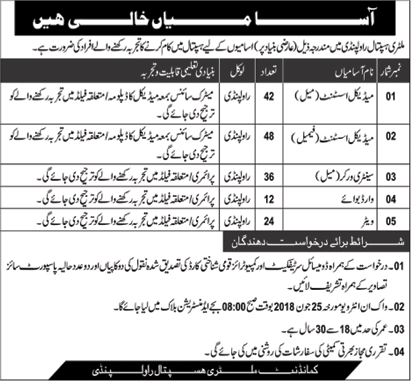 CMH Rawalpindi Jobs June 2018 Medical Assistants, Sanitary Workers & Others Walk in Interview Latest