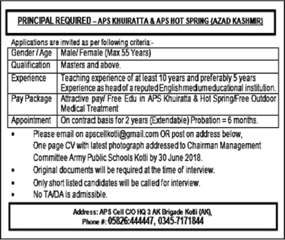 Principal Jobs in Army Public Schools Khuiratta & Hot Spring AJK 2018 June Latest