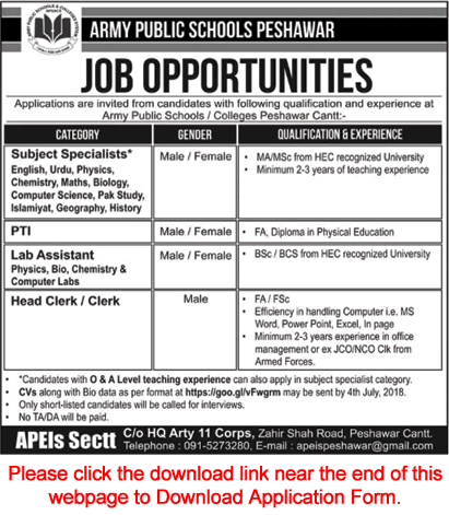 Army Public Schools Peshawar Jobs 2018 June Application Form Teachers, Lab Assistants & Others APS&C Latest