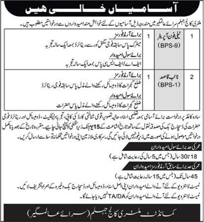 Military College Jhelum Jobs 2018 June Telephone Operator & Naib Qasid Latest