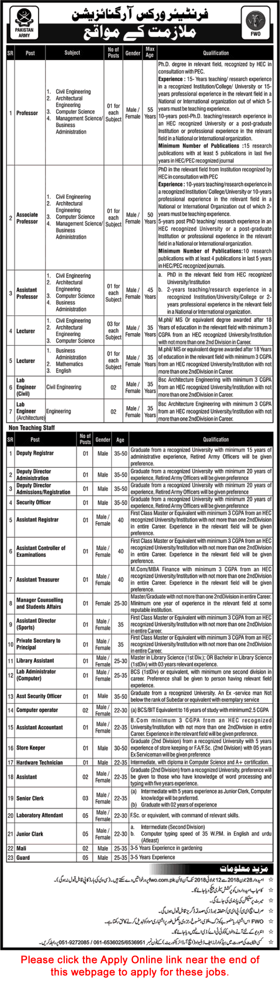 FWO Jobs June 2018 July Apply Online Frontier Works Organization Latest Advertisement