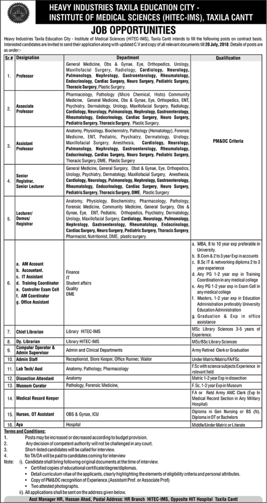 Heavy Industries Taxila Hospital Jobs 2018 July Teaching Faculty & Others HITEC-IMS Latest