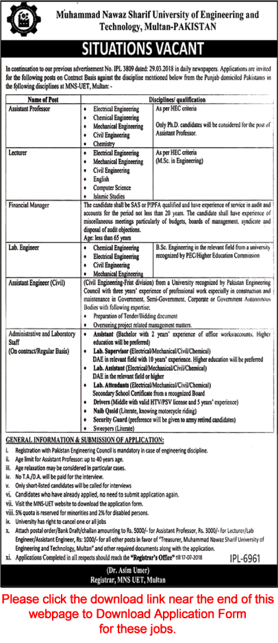 Muhammad Nawaz Sharif University of Engineering & Technology Multan Jobs July 2018 Application Form Latest