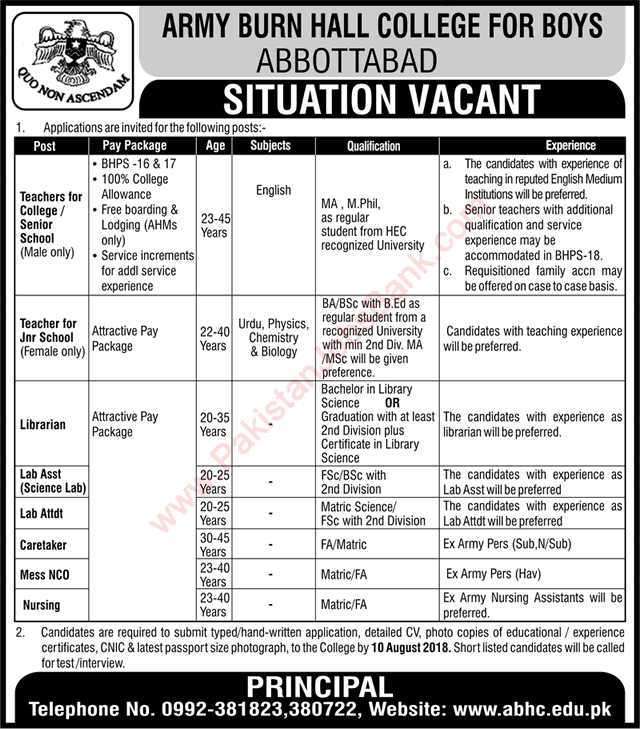 Army Burn Hall College for Boys Abbottabad Jobs July 2018 August Teachers, Lab Assistant & Others Latest