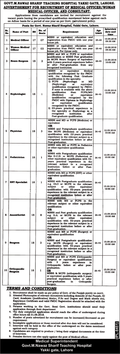 Nawaz Sharif Hospital Lahore Jobs August 2018 Medical Officers & Specialists Doctors Latest