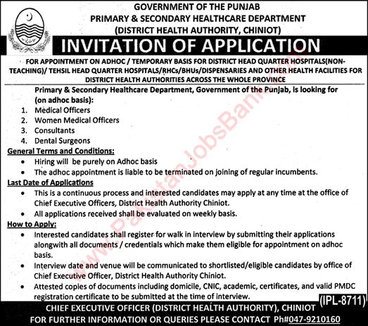 District Health Authority Chiniot Jobs 2018 August / September Health Department Medical Consultants / Officers & Dental Surgeons Latest