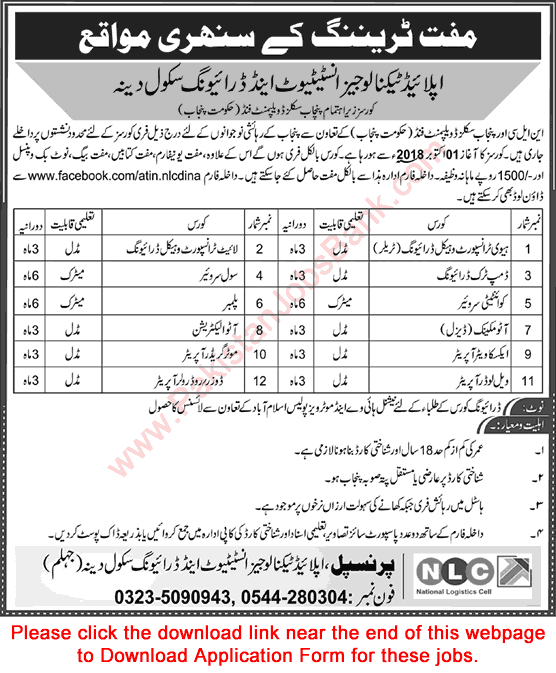 NLC ATIN Dina Free Course September 2018 Application Form National Logistics Cell Latest