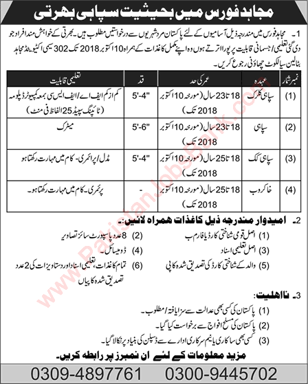 302 Semi Activated Mujahid Battalion Sialkot Jobs 2018 October Sipahi, Clerk, Cook & Khakroob Latest