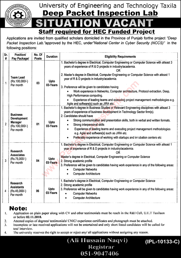 UET Taxila Jobs October 2018 Research Assistants / Associates & Others Latest