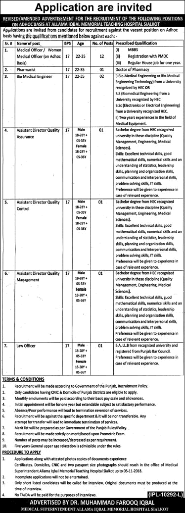 Allama Iqbal Memorial Teaching Hospital Sialkot Jobs October 2018 Medical Officers & Others Latest