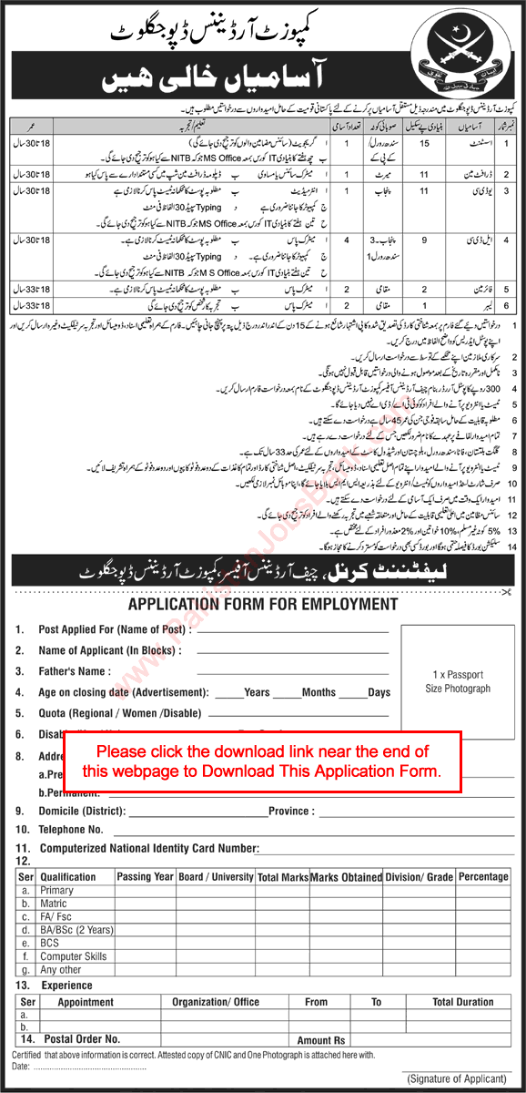 Composite Ordnance Depot Jaglot Jobs October 2018 Application Form Clerks, Fireman & Others Pakistan Army Latest