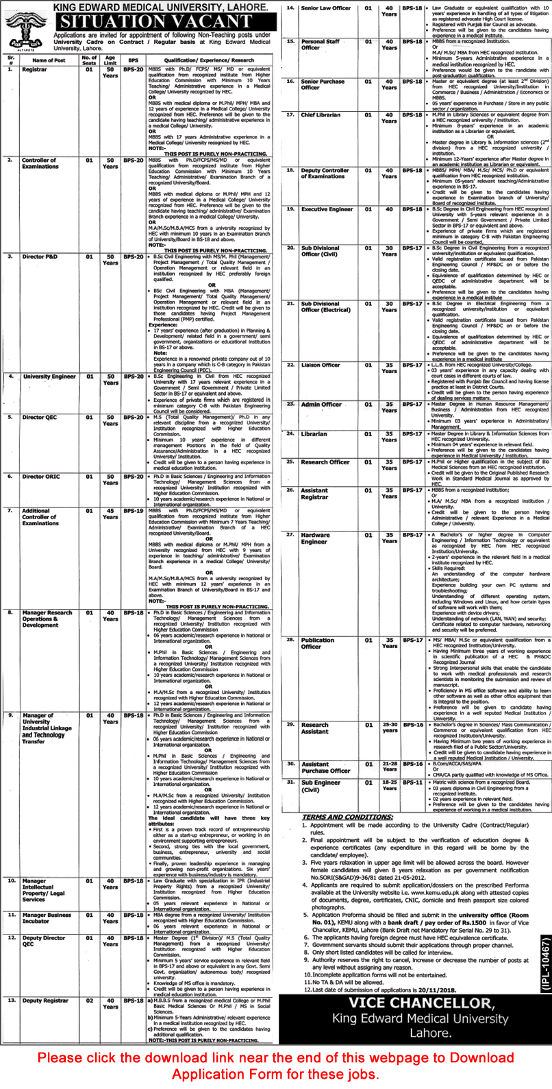 King Edward Medical University Jobs October / November 2018 KEMU Lahore Application Form Latest