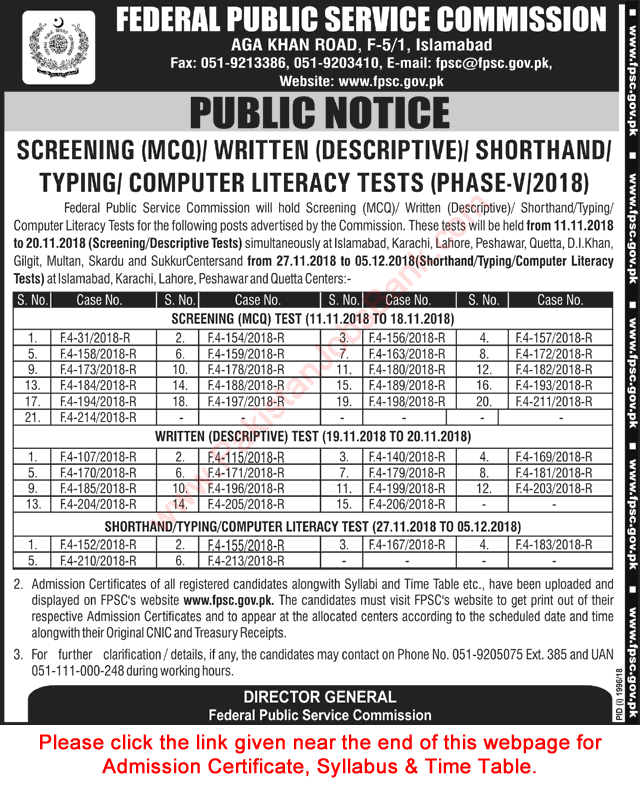 FPSC Written / Shorthand / Typing Test Schedule November 2018 Roll Number Slip Download Latest