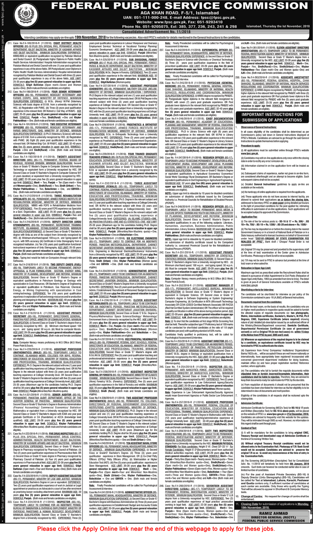 FPSC Jobs November 2018 Apply Online Consolidated Advertisement No 11/2018 Latest