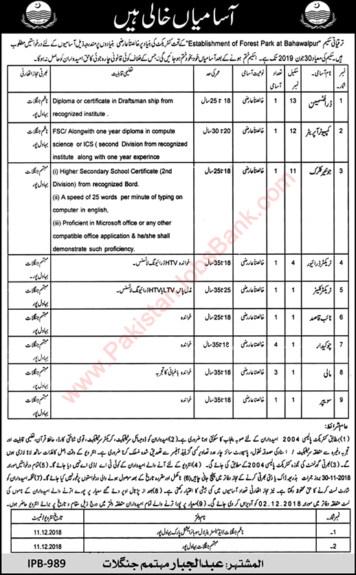 Forest Department Bahawalpur Jobs November 2018 Punjab Latest