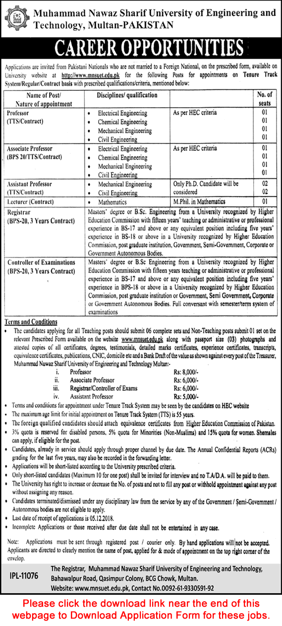 MNS UET Multan Jobs November 2018 Application Form Muhammad Nawaz Sharif University of Engineering & Technology Latest