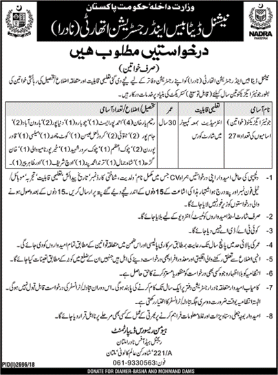 NADRA Jobs December 2018 Female Junior Executive National Database and Registration Authority Latest