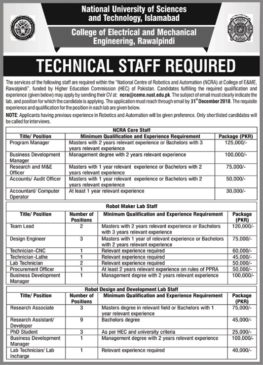 NUST College of Electrical & Mechanical Engineering Rawalpindi Jobs 2018 December Latest