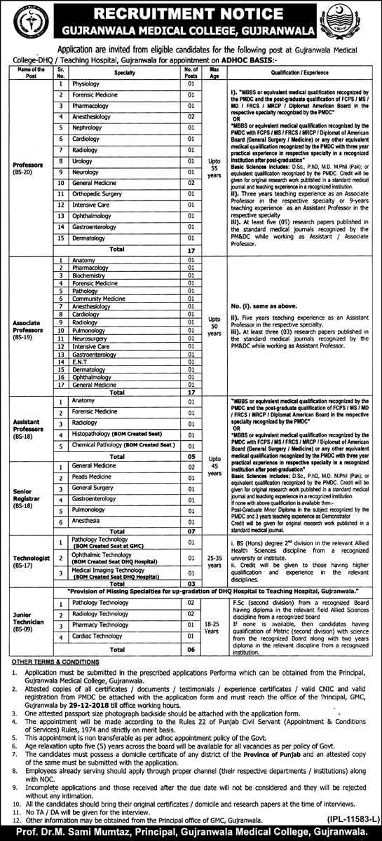 Gujranwala Medical College Jobs December 2018 GMC DHQ Teaching Hospital Latest