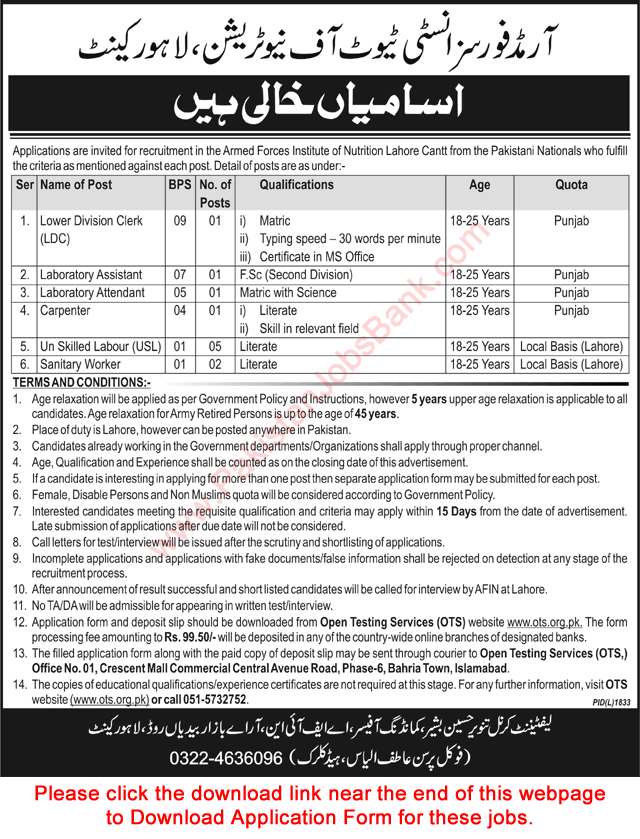 Armed Forces Institute of Nutrition Lahore Jobs December 2018 AFIN OTS Application Form Latest