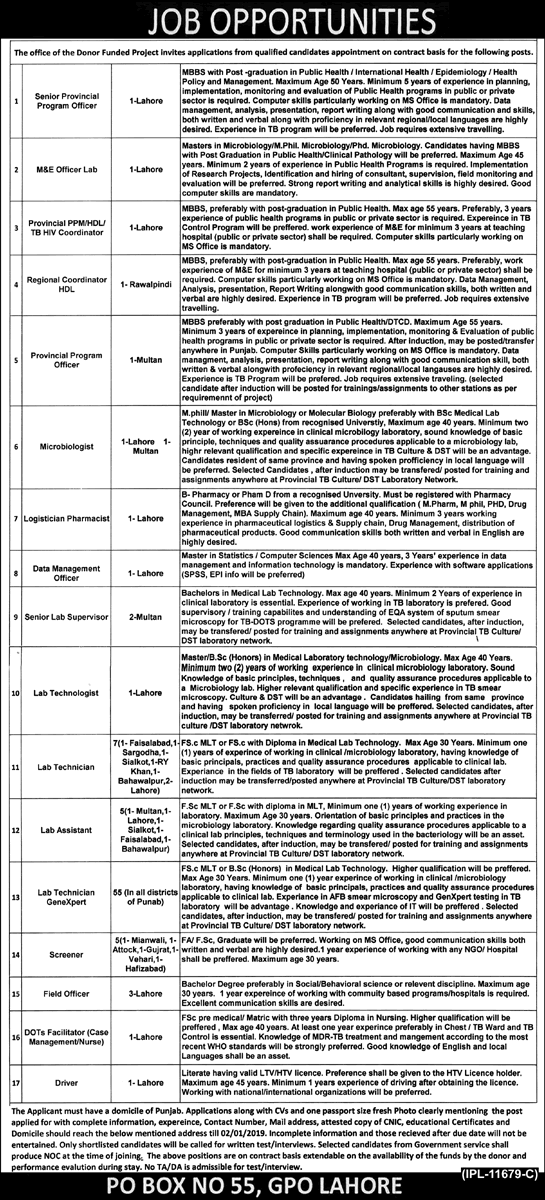 PO Box 55 GPO Lahore Jobs December 2018 Lab Technicians / Assistants & Others Latest